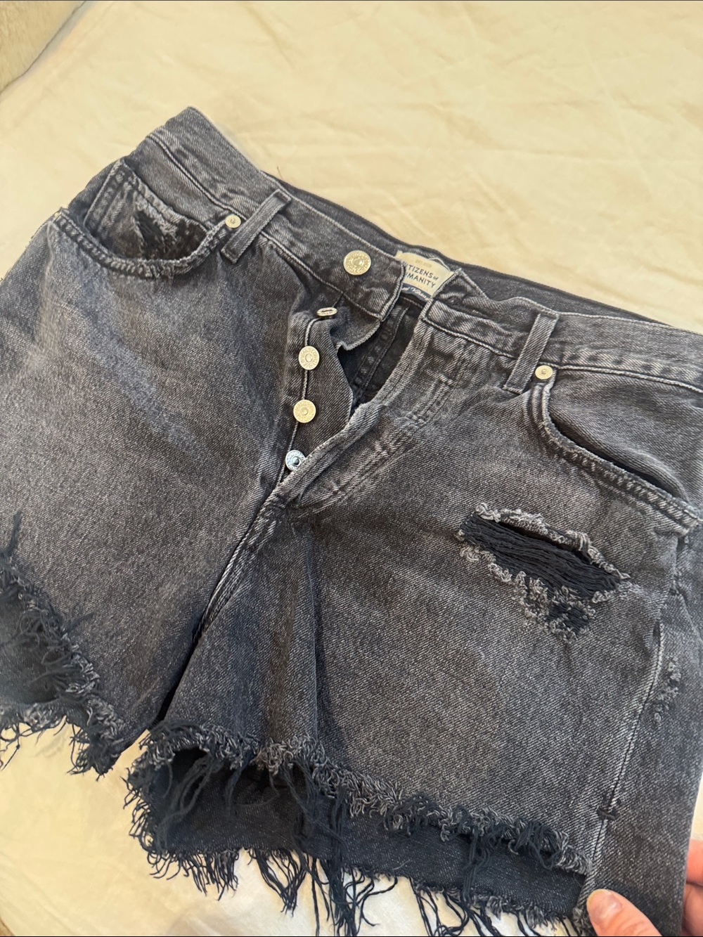 Citizens Of Humanity Washed Black Distressed Denim Shorts